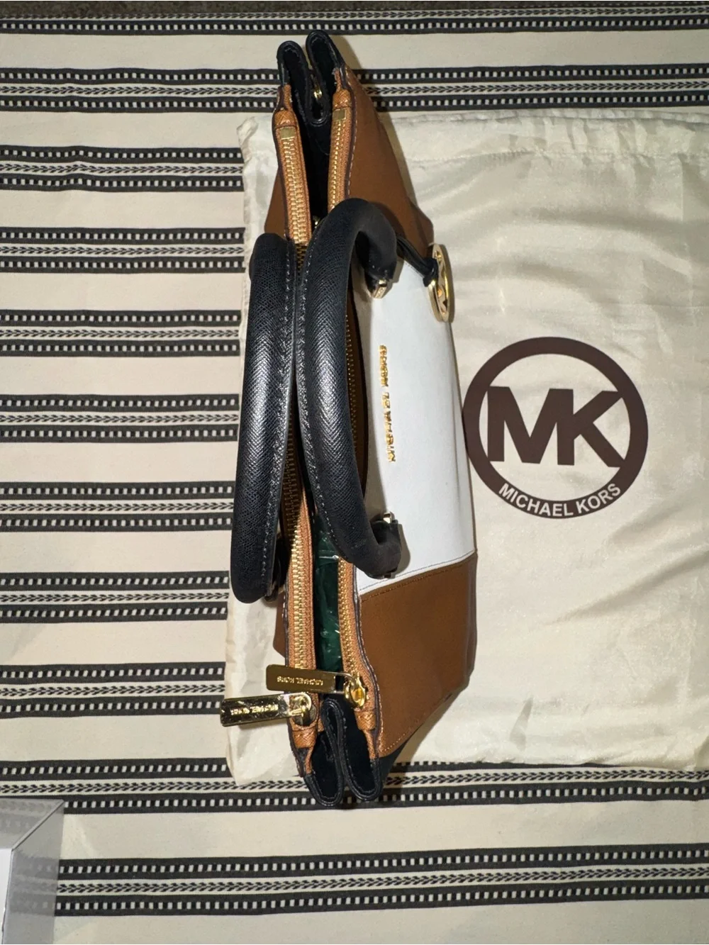 Michael Kors Brown, White & Black Saffiano Colorblock Satchel